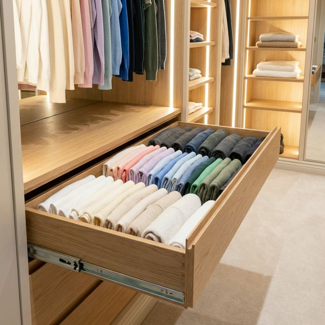 Armario y vestidor perfectamente organizado, doblado vertical y categorizado