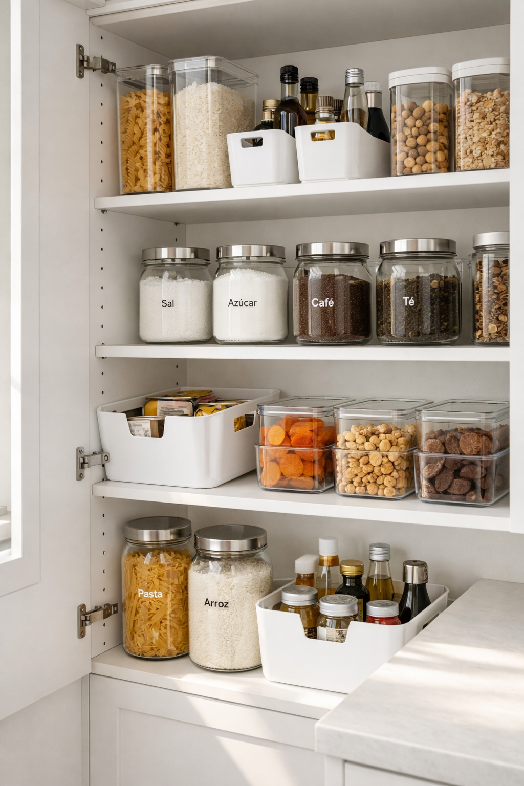 Cocina y despensa organizada con botes bien etiquetados en una cocina real de España